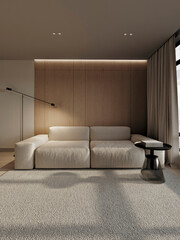 Warm minimalist living room with a cream sofa, wood accent wall, soft indirect lighting and neutral...
