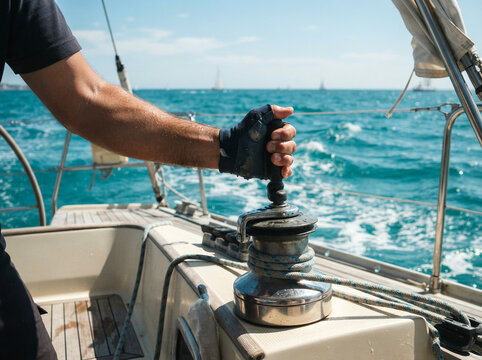 Man in gloves adjusting a winch on a sunlit wooden sailboat deck at sea