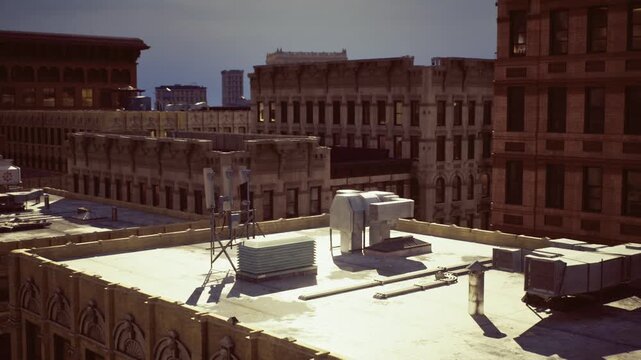 Utility rooftop with metal vents and ductwork basking in warm lateafternoon light compressor boxes, safety rails, parapet edges, adjacent office windows,