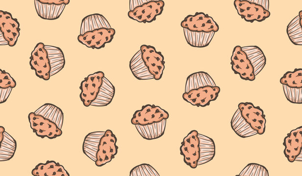 Cake doodle pattern. Cupcake doodle background. Sweat dessert doodle seamless pattern. Cake pastry hand drawn pattern. Chocolate muffin cake background.