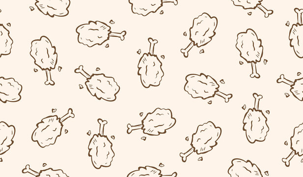 Fried chicken doodle background. Chicken swing pattern background. Chicken drumstick seamless pattern. Fast food hand drawn background. Chicken crispy doodle pattern.