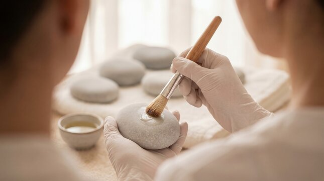 Spa treatment hand applying essential oil with brush on hot stone in serene wellness studio, holistic relaxation therapy preparation.