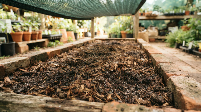 A brick edged garden bed sits beneath a mesh shade structure in a plant nursery