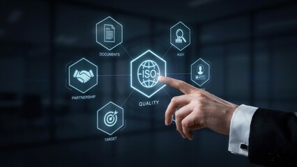 Obraz premium Business manager touching digital interface representing international iso quality standards with glowing futuristic icons in a professional corporate office setting