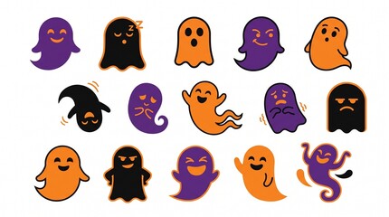 Fototapeta premium Set of cute cartoon ghosts with different emotions and funny faces for halloween celebration vector design