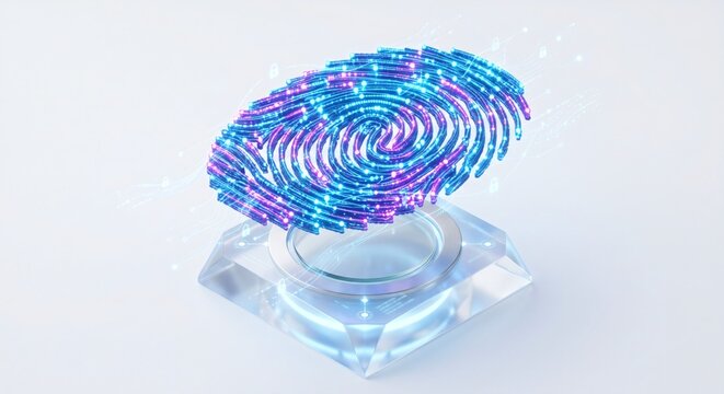 3D isometric illustration of a glowing digital fingerprint on a crystal biometric scanner