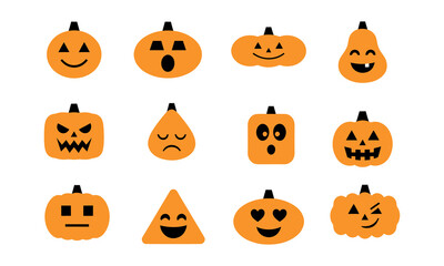 Fototapeta premium Set of cute cartoon pumpkin stickers with various funny facial expressions for halloween holiday decorations and design projects