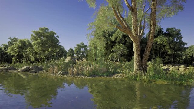 Lush summer grove beside reflective river, dense foliage and wildflowers at edge, vibrant greens and buzzing pollinator activity, inviting restorative outdoor