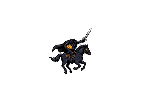 Headless Horseman Riding Dark Horse With Sword And Pumpkin Vector Illustration