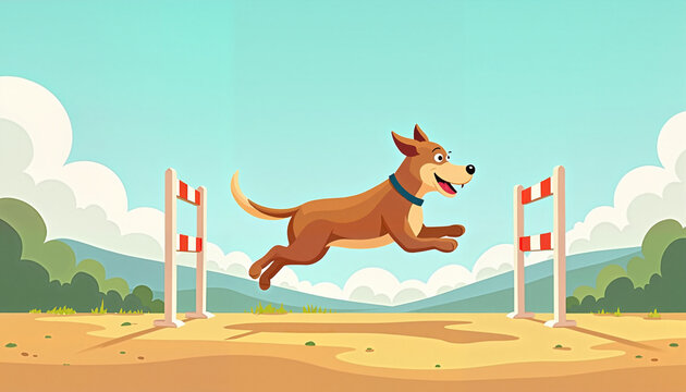 Jumping dog overcoming obstacles in a sunny landscape
