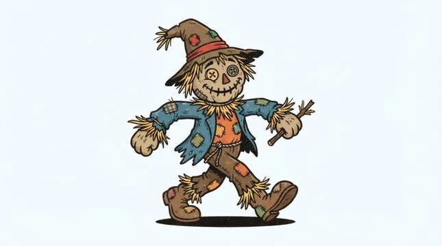 Retro Cartoon Mascot Illustration Walking Scarecrow Character Lopsided Stitched Grin Straw Tufts Sleeves


