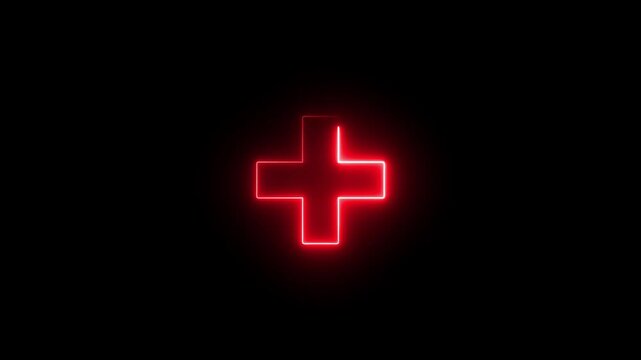 Neon plus sign icon animation glowing red color neon sign positive mathematic accountancy calculating icon sign symbol on black background	