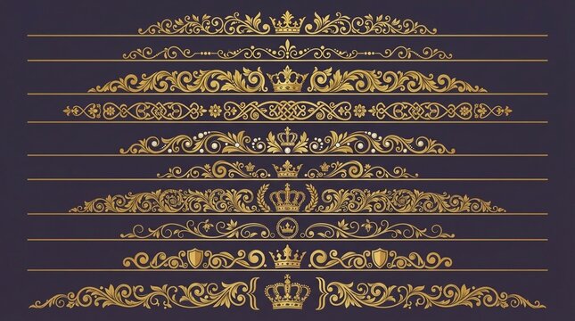 Ornate gold dividers featuring royal crowns and intricate filigree flourishes isolated on a dark background designed for luxury stationery elegant invitations and vintage editorial print projects