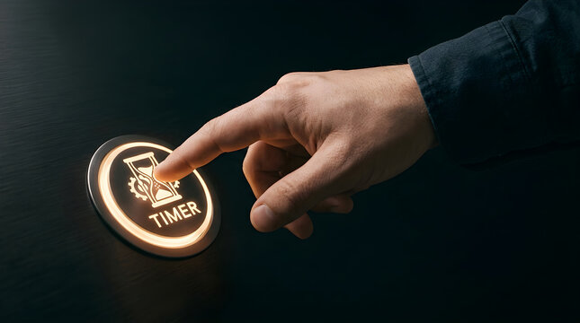 A hand pressing a glowing timer button on a dark panel