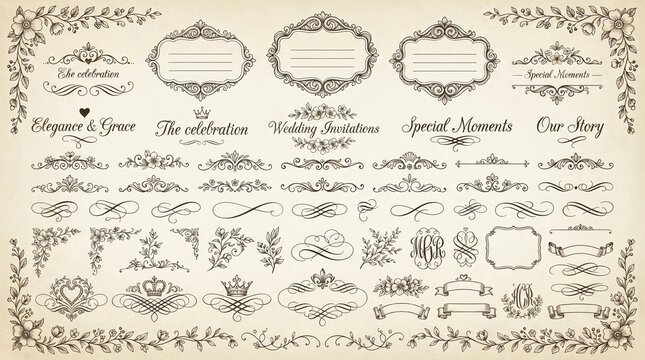 Ornate floral wedding frames and decorative vintage flourishes collection featuring elegant scrollwork borders with calligraphic text elements on a classic aged paper texture design background style