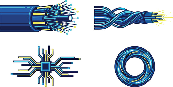 Optic Fiber Cable and High Tech Microchip Vector Concept Set with Digital Network Data Transfer Cyberspace Infrastructure and Electronic Glowing Power Conductor Elements