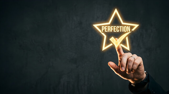 A hand touching a glowing star icon with the word perfection