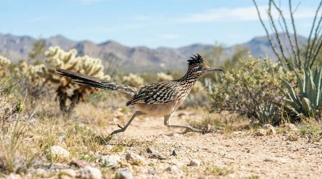 Roadrunner running across a desert dirt path under a clear bright blue sky