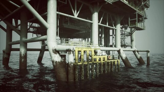 Platform leg fitted with yellow fenders and access ladder, algae encrustation and foam marks, closeup focus on safety hardware and maintenance preparedness
