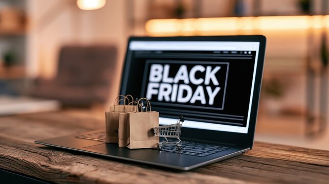 Laptop displaying a black friday sale with a miniature shopping cart and paper bags