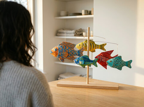 Wooden fish mobile hanging from a central pole beside a standing woman