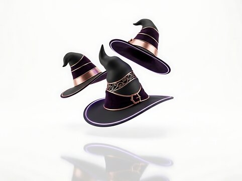 Purple witch hats 3D render for Halloween party website decoration