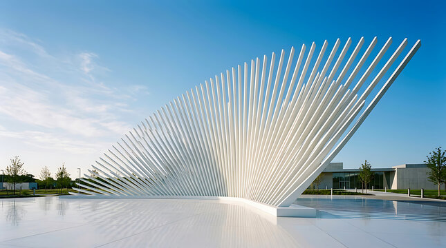 Contemporary white fan shaped sculpture installation in a public plaza with contemporary art modern monument outdoor sculpture architectural structure urban art abstract monument geometric sculp