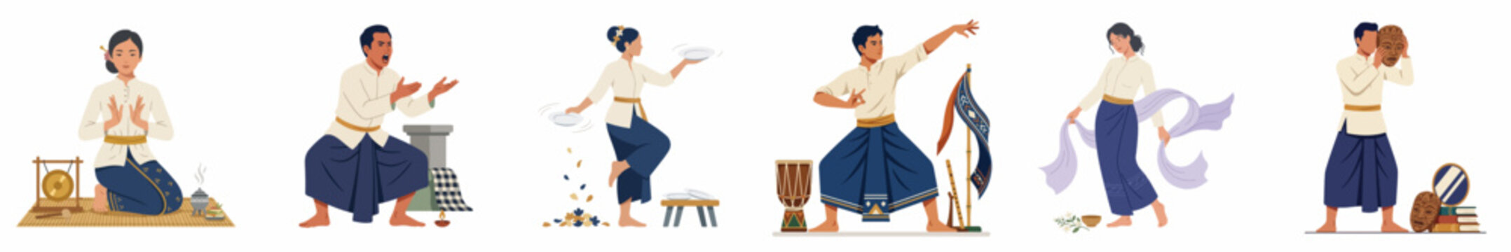 Set of characters in traditional Thai dress performing folk dances and cultural ceremonies, flat vector illustration on white background.