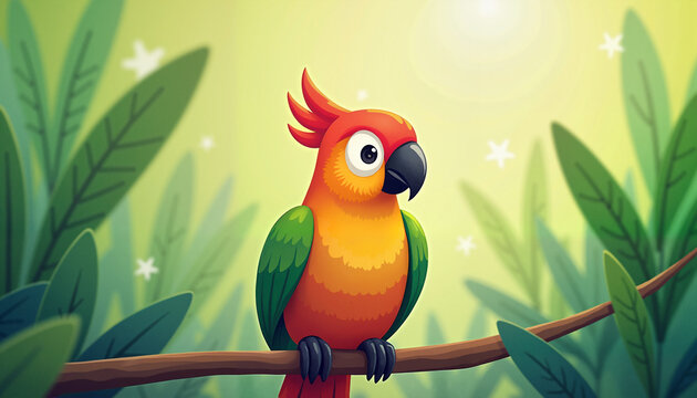 Colorful parrot sitting on branch in lush green background  
