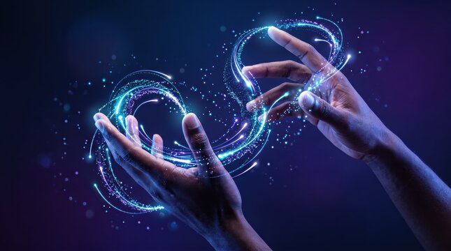 Human hands holding glowing infinity symbol made of light particles and energy streams, eternal, endless loop, spiritual connection, magic power, futuristic abstraction, dark