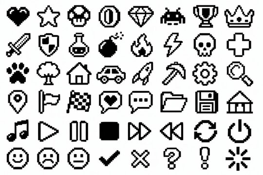 Set of black pixel art icons for video games and mobile applications