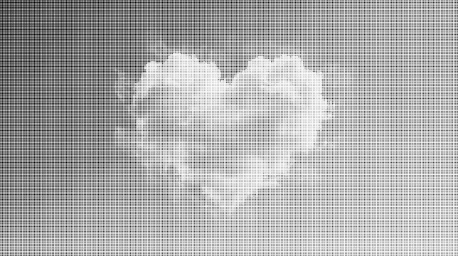 A halftone pattern illustration featuring a fluffy white cloud shaped like a heart in the center isolated on transparent background