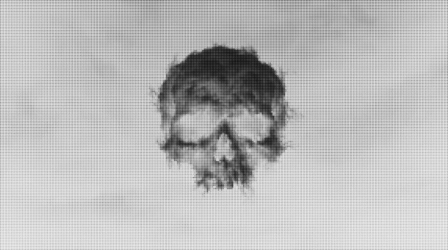 Distressed halftone skull graphic in black and white texture isolated on transparent background