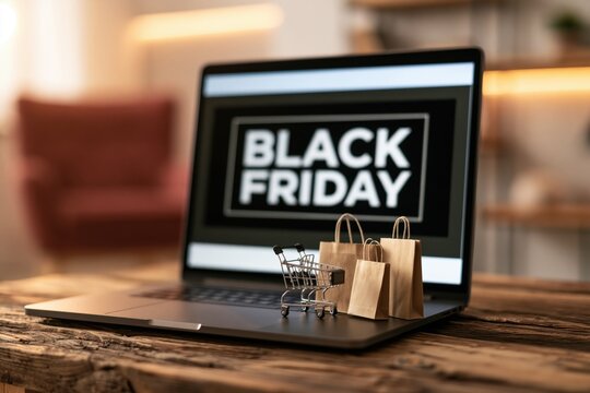 Laptop displaying a black friday sale with a miniature shopping cart and paper bags