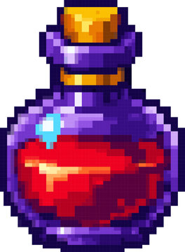 Red health potion bottle pixel art sprite: glowing crimson healing liquid in round flask with cork stopper for RPG inventory UI icon and fantasy game consumable pickup
