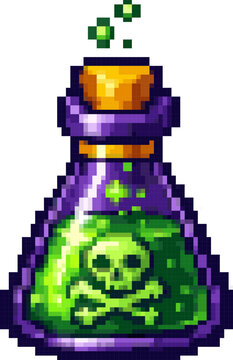 Green poison flask pixel art sprite: toxic emerald liquid with skull symbol and bubbling venom in sealed bottle for RPG inventory UI icon and fantasy game consumable pickup