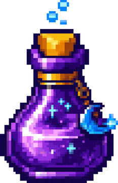 Purple magic potion pixel art sprite: glowing violet arcane liquid in round flask with mystical swirl for RPG inventory UI icon and fantasy game consumable pickup