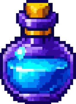 Blue mana potion bottle pixel art sprite: glowing azure magical liquid in round flask with cork stopper for RPG inventory UI icon and fantasy game consumable pickup