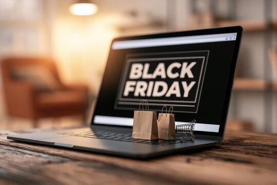 Laptop displaying a black friday sale with a miniature shopping cart and paper bags