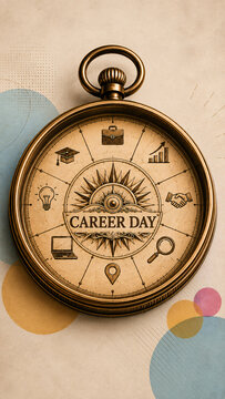 Vintage pocket watch compass concept with career icons and "CAREER DAY" text