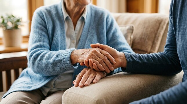 Supportive touch of senior woman hands being held by younger person in cozy home interior providing empathy care comfort and human connection to elderly parent.