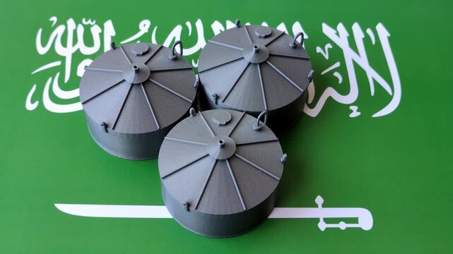 Liquefied gas storage tanks set against the Saudi Arabian flag, concept of supply and distribution