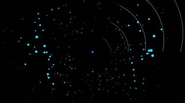 Abstract particle explosion expanding into concentric ring orbits on black background.