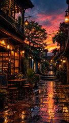 Fototapeta premium “Rainy Old Town Alley at Sunset with Warm Lantern Lights and Wet Cobblestones”