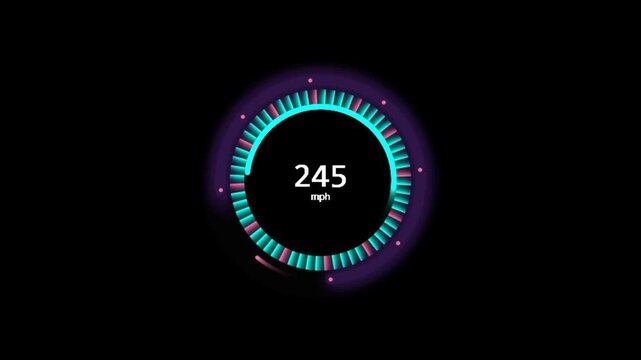 Futuristic speedometer graphic showing high velocity in glowing cyan and pink hues.