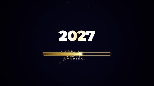 Progress loading bar showing year 2027 with glowing spark effect on dark background.