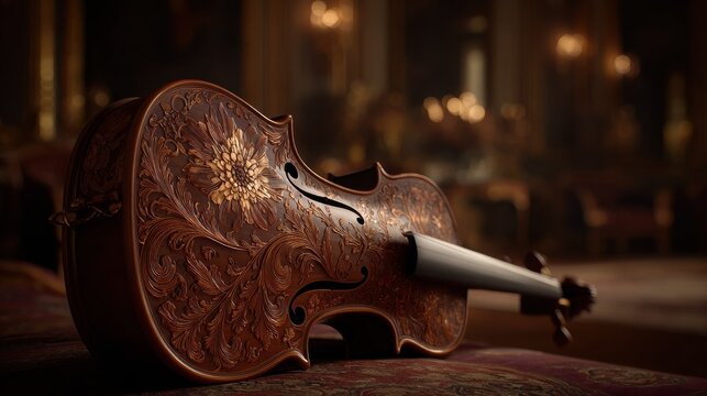 Intricately carved antique wooden violin with warm amber finish and ornate detailing