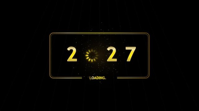 Golden 2027 loading screen with spinning progress wheel on black graphic background.