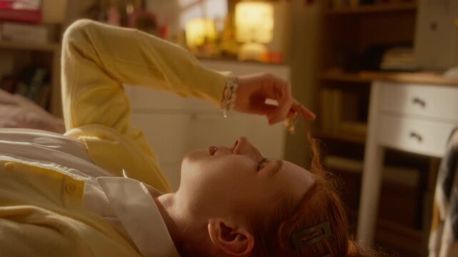 Caucasian teenage girl lying down, twirling red hair with finger, daydreaming indoors. Footage is ideal for youth mental health awareness campaigns or teenage lifestyle commercials