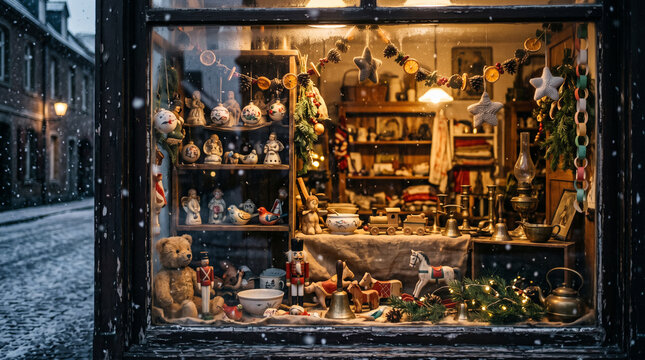 antique shop window displaying vintage toys and Christmas decorations in winter snow